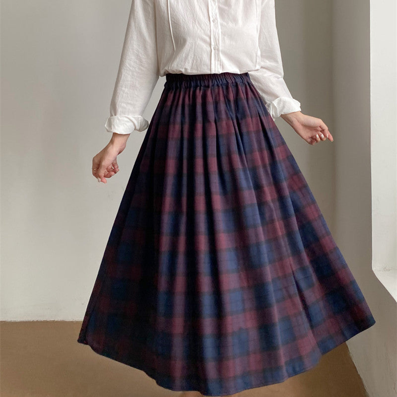 MIDI Mauve Skirt Autumn Stitching Skirt Elastic Waist Loose Casual Plaid A- line Dress