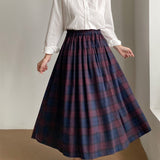 MIDI Mauve Skirt Autumn Stitching Skirt Elastic Waist Loose Casual Plaid A- line Dress