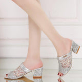 High Heels Women Summer Lace Sequined Mid Heel Peep Toe Sandals