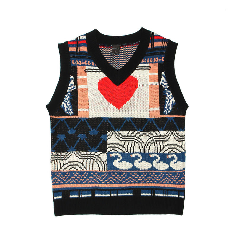 Men Sweater Vintage Love Jacquard V-neck Sweater Waistcoat Men's Vest