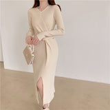 Long Sleeve Burgundy Dress Formal Woolen Skirt Long Dress Inner Sweater Women's Autumn and Winter Dress