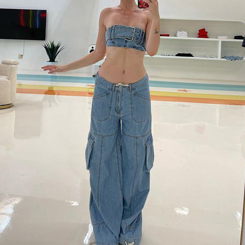 Julia Fox Low Rise Jeans Distressed Blue Line Split Low Waist Drawstring Loose Pockets Stitching Casual Trousers