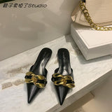 Finn Chain Pointed Toe Mule Big Metal  Women's Flat for Outdoors Soft Bottom Toe Cap Slippers Mules Shoes