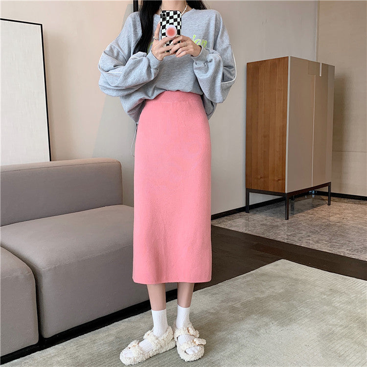MIDI Mauve Skirt Slit Knitted Skirt Women's Autumn and Winter Midi Skirt