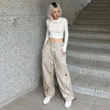 Julia Fox Low Rise Jeans Street Style Hot Girl Casual Sports Trousers Solid Color Irregular Pleated Loose Slimming Hip-Hop Pants