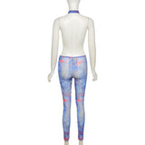 Summer women's sexy backless mesh printed high waist tight casual sports jumpsuit