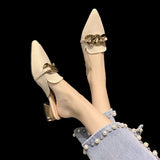 Finn Chain Pointed Toe Mule Slippers Female Summer Outer Wear Pointed Toe Pump Mid Heel Slippers