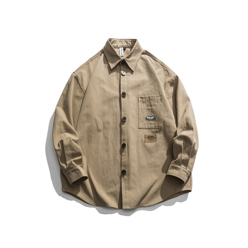 Man Fall Outfis Autumn Solid Color Leisure Cargo Shirt Boys Loose All-Matching Top