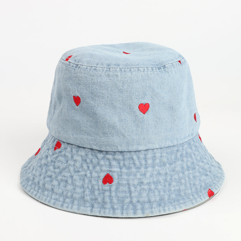 Denim Bucket Hat Fishing Cap Cotton Print Fisherman Hat Red Love Heart Embroidery Vintage Fashion
