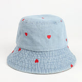 Denim Bucket Hat Fishing Cap Cotton Print Fisherman Hat Red Love Heart Embroidery Vintage Fashion