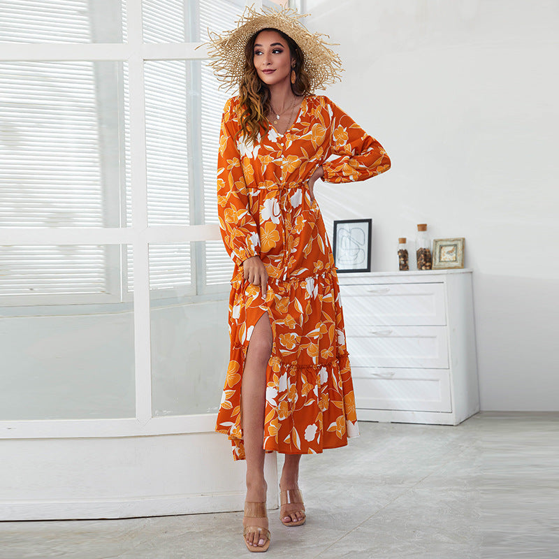 Coachella Music Festival Outfits V-neck High Waist Print Irregular Slit Dress