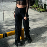 Julia Fox Low Rise Jeans Breathable Mesh Yarn False Two Pieces D-Shape Button Decorative Ribbon Split