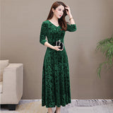 Blue Velvet Dress Pleuche Long Sleeve Swing Skirt