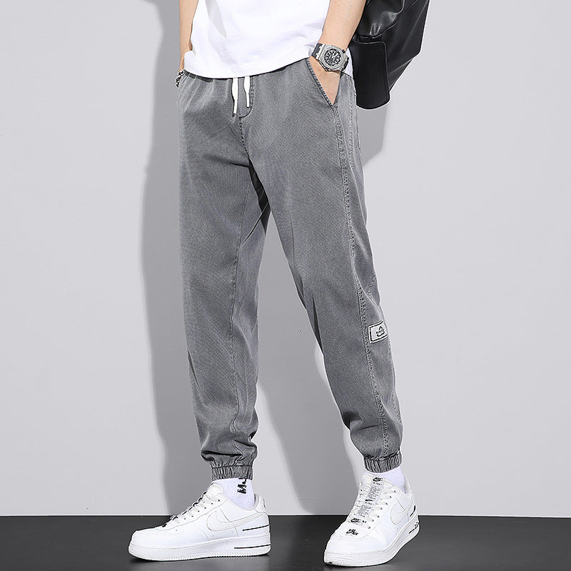 Cuffed Cargo Pants Tencel Cropped Jeans Summer Loose Tappered Breathable Thin Casual Ice Silk Workwear Pants Men