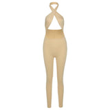 Summer women's sexy backless halter solid color high waist tight casual sports jumpsuit
