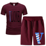 Vlone T Shirts & Shorts 2 Piece Set Men 'S Summer Printed Sports Short-Sleeved T-Shirt Set
