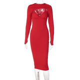 Maxi Burgundy Dress Formal Winter Women's Solid Color Long Sleeve Slim Fit Fashion Sexy Dress