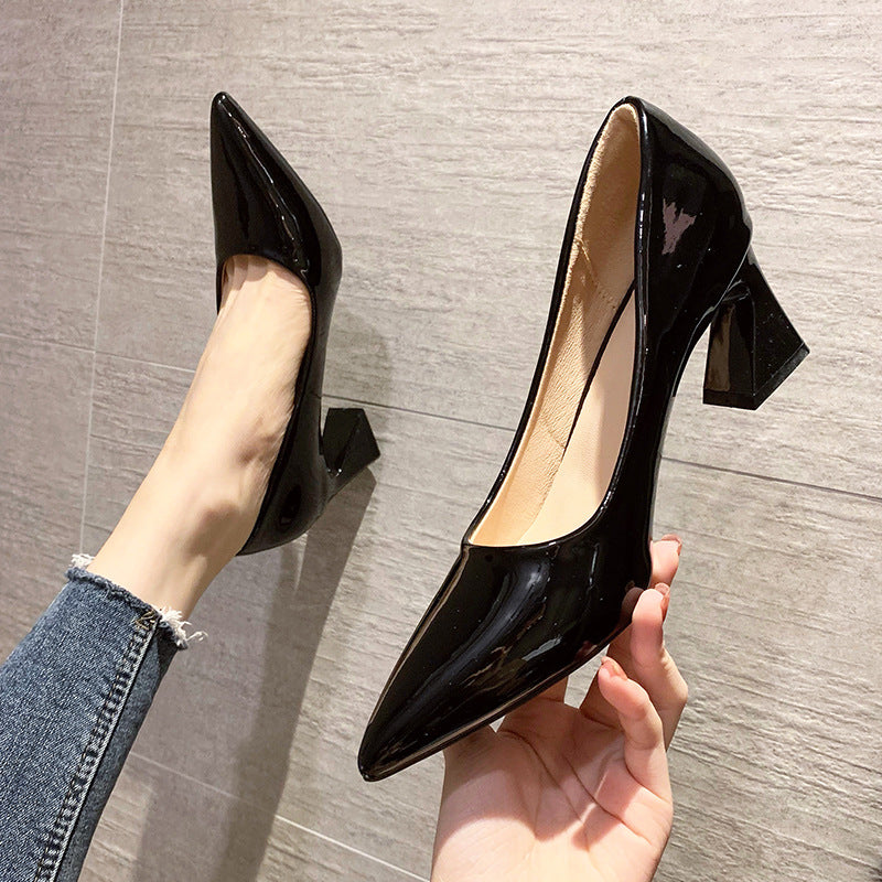 Nude Block Heels Summer Chunky Heel Soft Patent Leather Chunky Heel