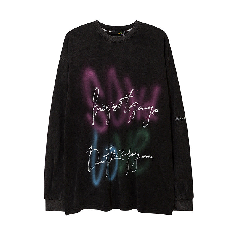 Man Fall Outfits Loose Flame Letter Print Hiphop round Neck Long Sleeve T-shirt