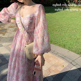 Regency Dress Square Collar Premium Floral Slim-Fitting Long Dress