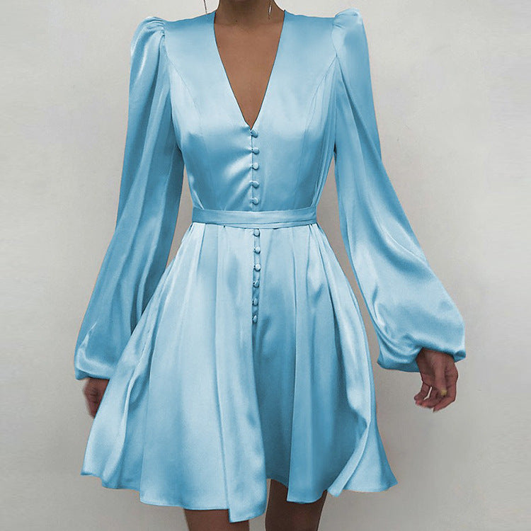 Kendall Jenner Wedding Guest Dress V-neck Elegant Slim Dress Lantern Sleeve Skirt