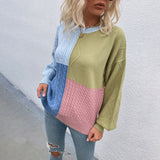 Women Pullover Knit Sweater Contrast Color Sweater Female Autumn and Winter Lantern Sleeve Sweater