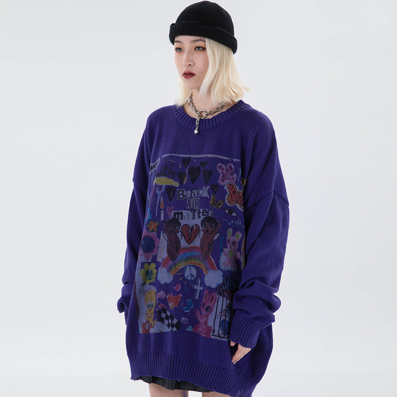 Men Sweater Cartoon Fun Printed Knitwear Men's Street Trend Loose round Neck Sweater
