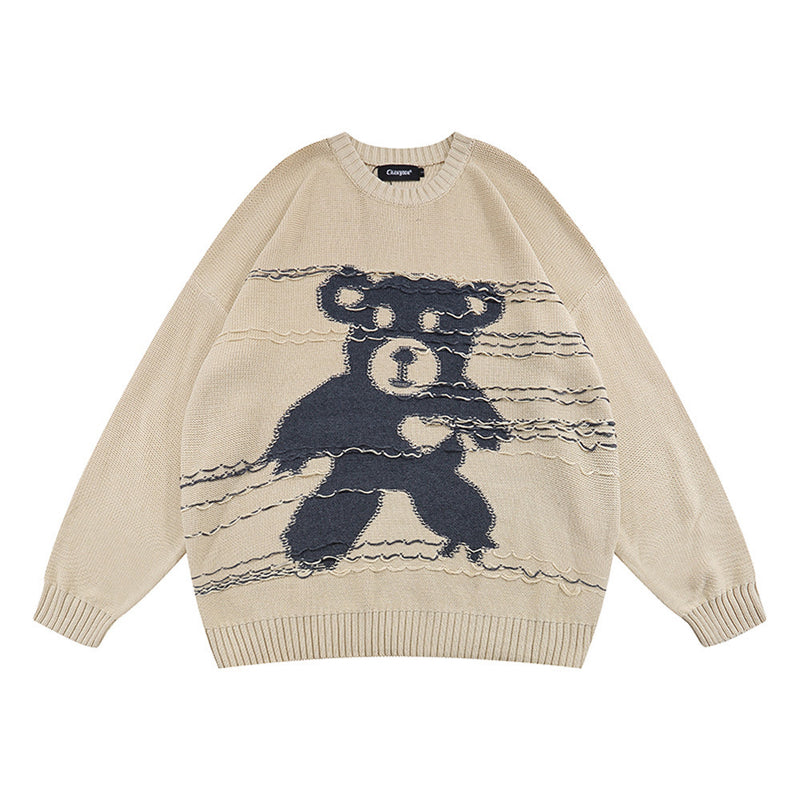Men Sweater Cartoon Bear Embroidery Knitwear Men's Street Pullover
