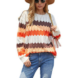 Women Pullover Knit Sweater Autumn and Winter Striped Stitching Contrast Color Sweater Women