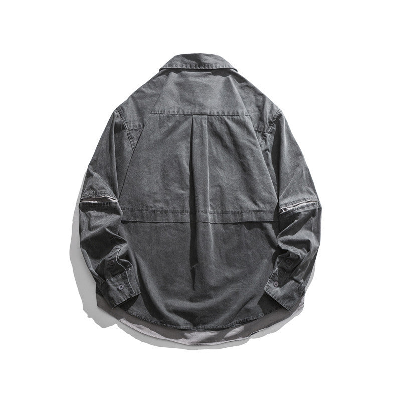 Man Fall Outfis Autumn Vintage Solid Color Workwear Shirt Male Street Loose Casual Top