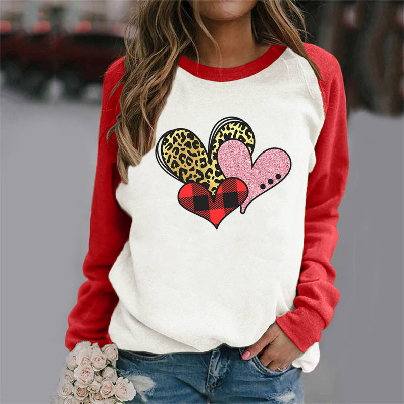 Valentine's Day T Shirts Couples Leopard Plaid Love Loose Long Sleeve T-shirt
