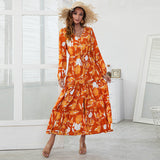 Coachella Music Festival Outfits V-neck High Waist Print Irregular Slit Dress