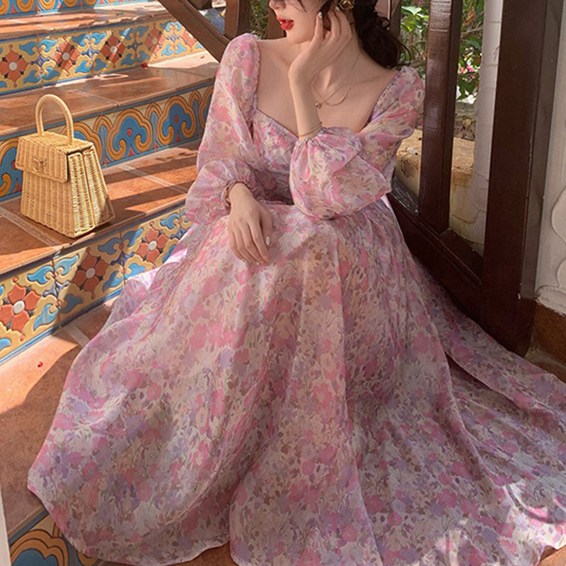 Regency Dress Square Collar Premium Floral Slim-Fitting Long Dress