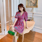 MIDI Mauve Wrap Dress French Style Vintage Floral Dress Women Summer V-neck Skirt