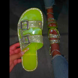 Women Open Toe Sandals Flats Summer Rhinestone Square Heel Sandals Low Heel Beach Shoes