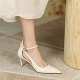 Nude Low Block Heel Pointed Elegant Strap Stiletto Heel