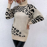 Women Pullover Knit Sweater Women's Clothing Autumn and Winter Turtleneck Leopard-Print Sweater Female Dress Sweater