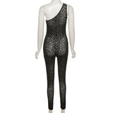 Summer Women's Sexy Mesh Flocking Leopard Print One-Shoulder High Waist Tight Sports Jumpsuit