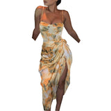 Kendall Jenner Wedding Guest Dress Printed V-neck Suspender Base Wrinkle Dress Design