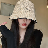 Women Bucket Hat Straw Hat Sun-Proof Hollow Breathable