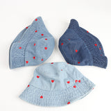 Denim Bucket Hat Fishing Cap Cotton Print Fisherman Hat Red Love Heart Embroidery Vintage Fashion