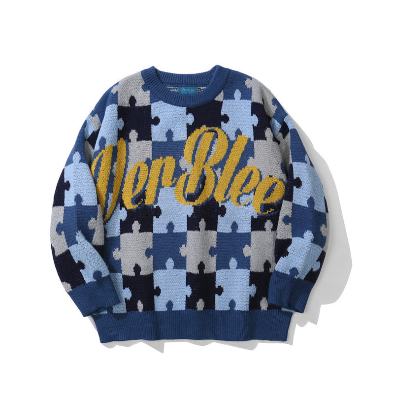 Men Sweater Letter Jacquard Color Matching Sweater Men's Street Trend Loose Pullover