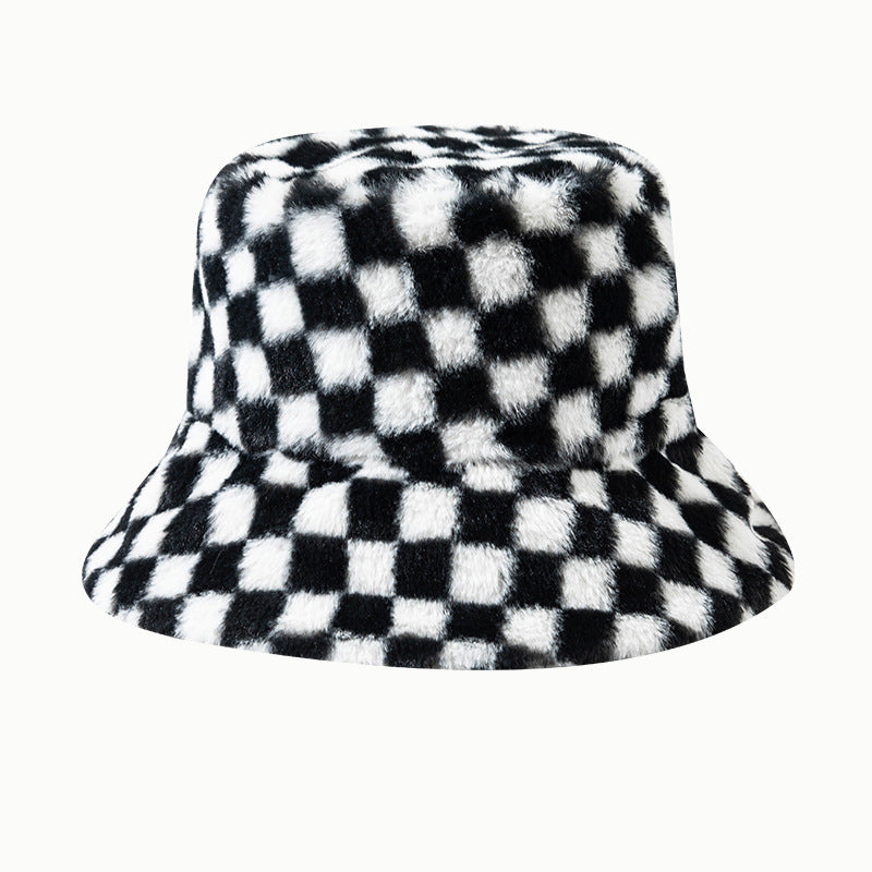 Vintage Check Bucket Hat Plush Warm Hat Imitation Rabbit Fur