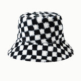 Vintage Check Bucket Hat Plush Warm Hat Imitation Rabbit Fur