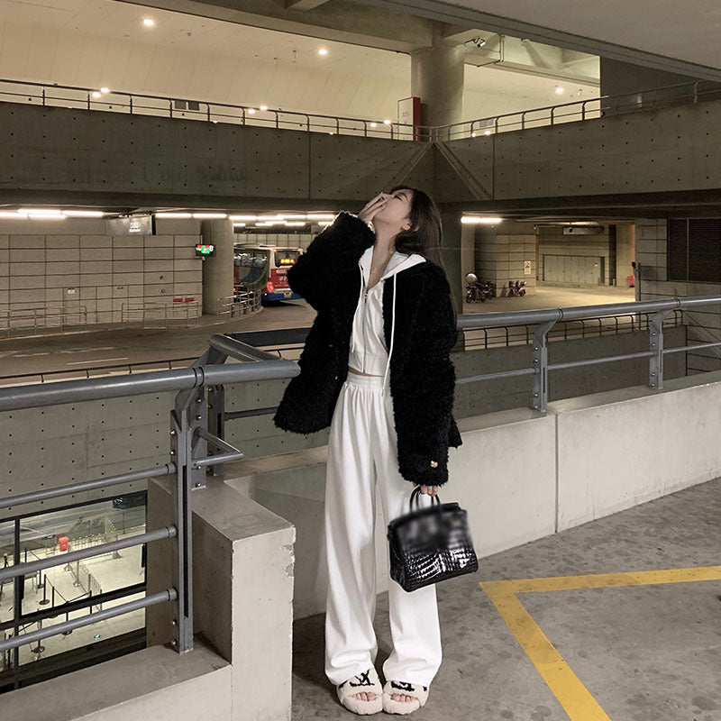 Velour Tracksuit Hooded Short Coat Straight Casual Pants