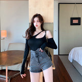 Women Jean Shorts Spring Woven Waist Wash Design Elastic Slim Fit