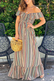 Gypsy Style Dresses off-Shoulder Short Sleeve Striped Gathers