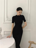 MIDI Mauve Cocktail Dress Retro Slim round Neck Black Knitted Dress Women's Dress