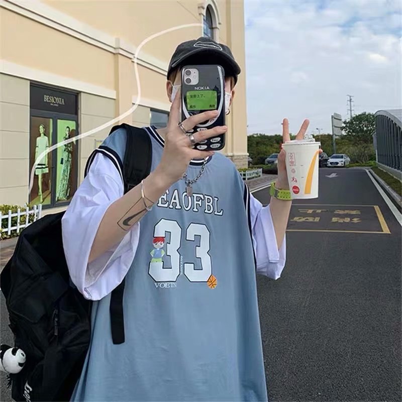 Men T-Shirts Fake Two-Piece Loose Half Sleeve