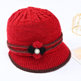 Red Beanie Hat Winter Knitted Woolen Cap Rabbit Hair Fleece-Lined
